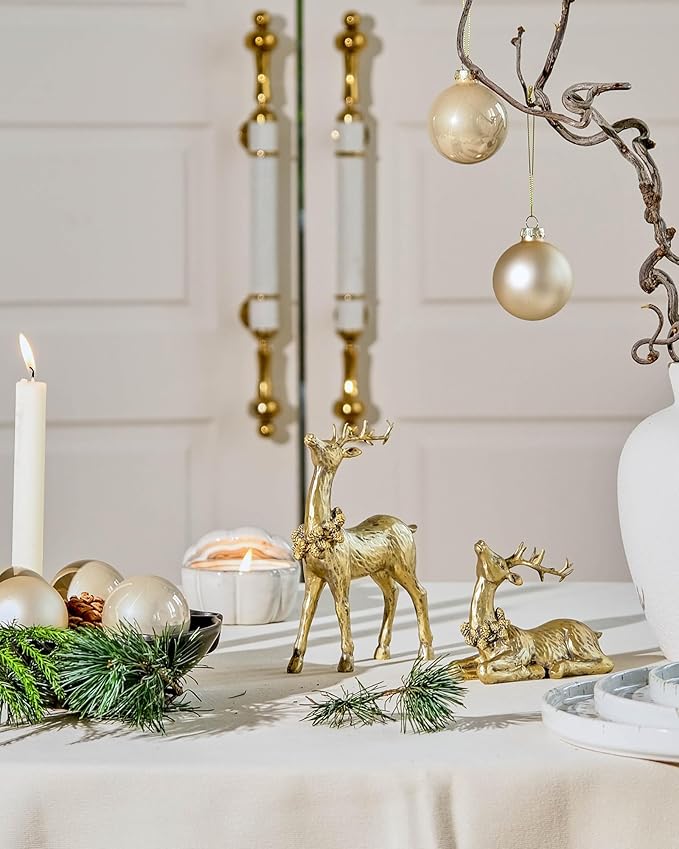DN DECONATION 2pcs Gold Christmas Reindeer Statue, Christmas Clearance Small Resin Reindeer Figurine Indoor, Tabletop Reindeer Christmas Decor, Deer Figurine Decorations for Home-Ruum Studio Home