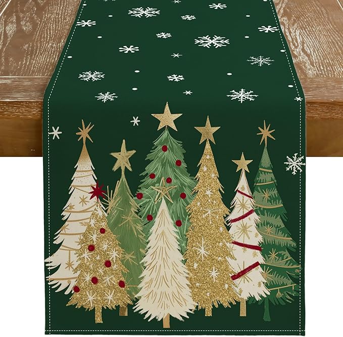 GEEORY Christmas Table Runner 13x90 Inch, Xmas Trees Snowflakes Holiday Decorative Farmhouse Table Decoration for Kitchen Dinning, Indoor Outdoor Dinner Party Decor (Green) GT152-90-Ruum Studio Home