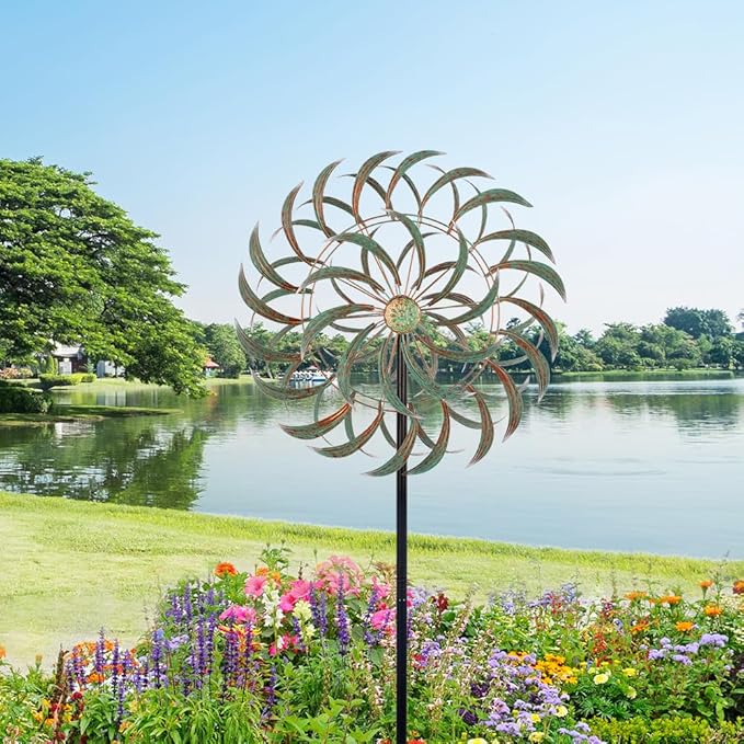 Viveta Large Outdoor Wind Spinner,21 * 85 inches Metal Wind Sculpture with 4 Sturdy Stakes,Green Double Wind Spinners,Decorative Windmill for Yard and Garden-Ruum Studio Home