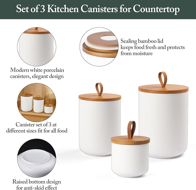 Ceramic Canisters Sets for Kitchen, Airtight Canister with Bamboo Lid, Ceramic Coffee Canister Kitchen Canisters for Countertop, Flour and Sugar Containers for Food Storage Jars, White, Set of 3-Ruum Studio Home