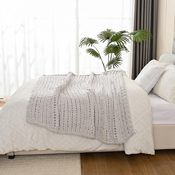 Esterra Chunky Knit Blanket Throw 50"x60", 100% Hand Knitted Chenille Throw Blanket, Cozy Soft Thick Cable Knit Throw Large Rope Knot Crochet Throw Blanket for Sofa Couch Bed, Light Gray-Ruum Studio Home