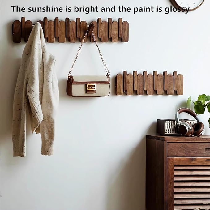 Wall Mounted Piano Key Hanger | Flip Style Hook | Entrance Wall Art Hook, Made of Oak Wood (3 Times Painted, 4 Times Polished) (Arc Walnut, 8Hooks)-Ruum Studio Home