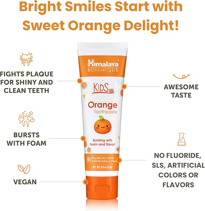 Himalaya Botanique Kids Toothpaste, Herbal, Orange Flavor, Fights Plaque, Fluoride Free, Gentle, No Artificial Flavors or Colors, SLS Free, Gluten Free, Cruelty Free, Vegan, Foaming, 4 Oz, 4 Pack…-Ruum Studio Home