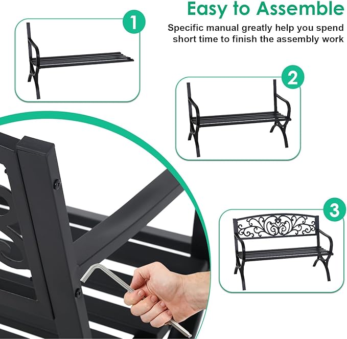 FDW Outdoor 50 Inches Garden Bench, Slatted Seat Armrests Floral Design Backres and Arch Legs, Perfect for Park, Yard, Porch, Lawn, Balcony, Backyard, Black-Ruum Studio Home