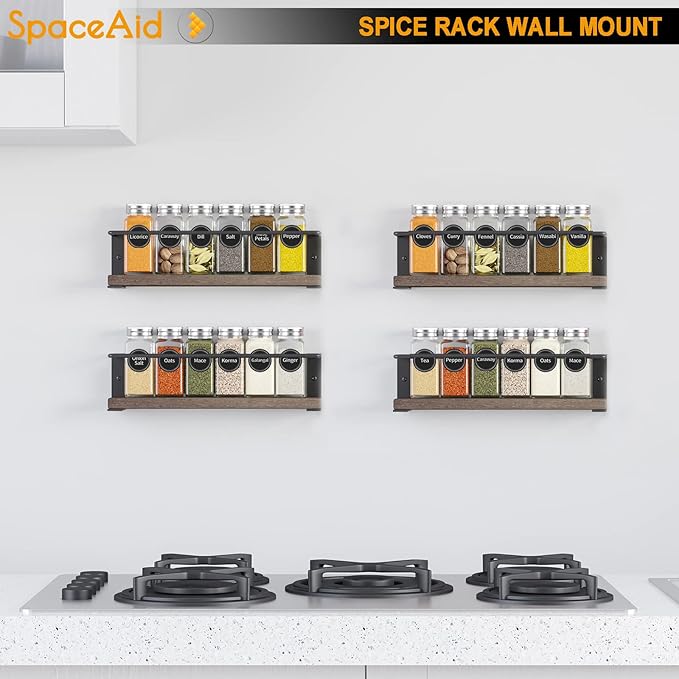 SpaceAid Spice Rack with 24 Spice Jars, 386 Spice Labels, Chalk Marker and Funnel, Wood Hanging Seasoning Shelf for Cabinet Door or Wall Mount (4 Pack)-Ruum Studio Home