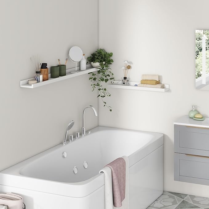 Picture Ledge Shelf for Wall, 36 inch Solid Pine Wood Nursery Book Shelves 2 Packs, Floating Ledge Shelves for Kids' Room Bedroom Bathroom Living Room Photo Frames Office Nursey Wall Decor, White-Ruum Studio Home