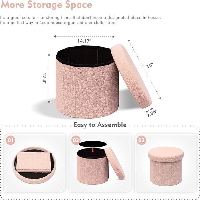 B FSOBEIIALEO Storage Ottoman Cube, Round Ottomans with Storage Foot Stool Footrest for Lving Room, Boucle Ottoman Seat for Dorm Room,Faux Teddy Fur, Pink 15"x15"x15"-Ruum Studio Home