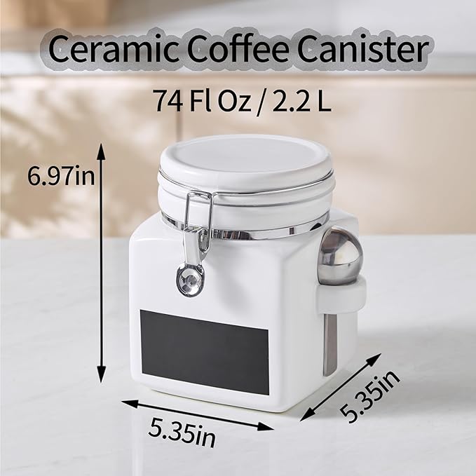 Ceramic Coffee Canister with Airtight Lid and Scoop, Large 74 Fl Oz / 2.2 L Kitchen Food Storage Container Jar for Grounds Coffee, Beans, Tea, Sugar, Flour, Cereal, Nuts, Cookie, White-Ruum Studio Home
