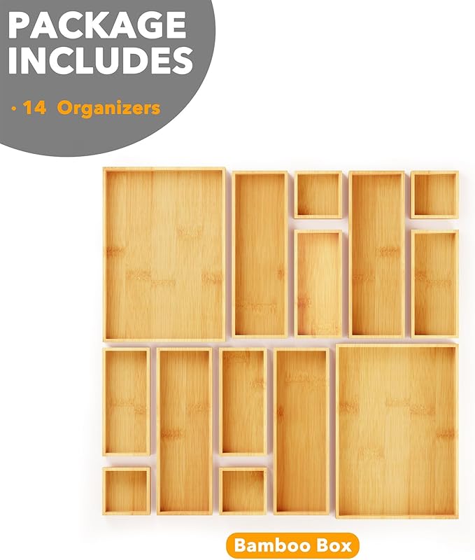 SpaceAid 14-Piece Bamboo Drawer Organizer Storage Boxes Set, Wood Tray Junk Drawer Organizers Multi-Use Divider Bins for Kitchen, Bathroom, Office Desk and Makeup Organization (14 Pack, Natural)-Ruum Studio Home