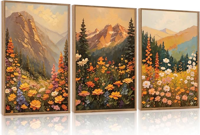 Aurlan Boho Mountain Sunset Landscape Framed Wall Art(16"x24"), 3PCS Large Wildflowers Meadow Canvas Artwork, Colorful Abstract Watercolor Nature Forest Scenery Decor for Home Office Bedroom-Ruum Studio Home