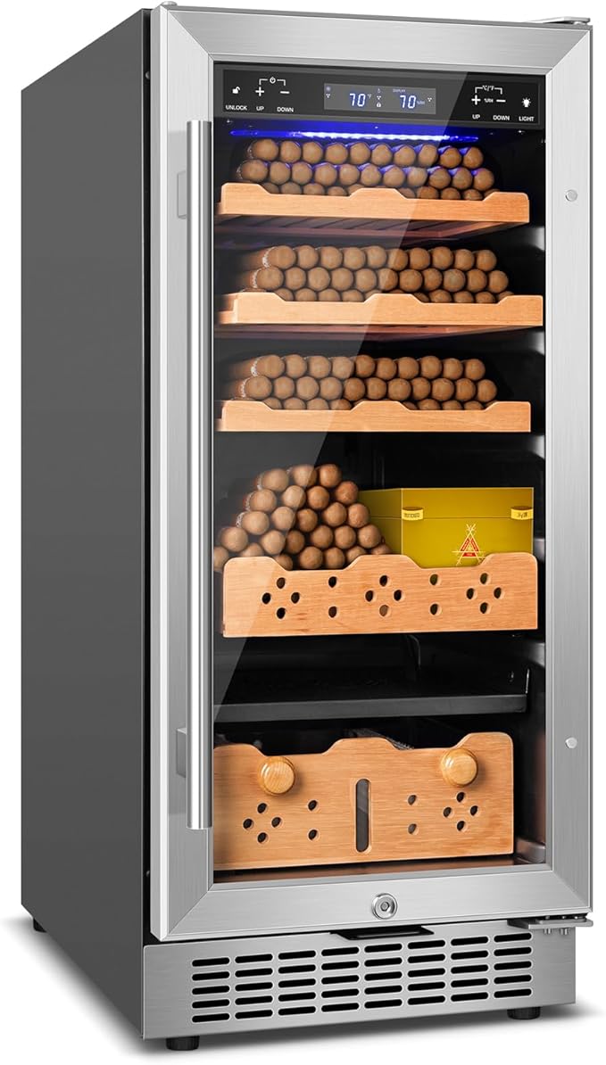 Electric Cigar Humidor,15 Inch Upgraded Large Capacity Electric Cigar Cabinet with Powerful Compressor, Digital LED Screen, Safety Lock,Smart Temperature Control,Father's Day Gift for Men-Ruum Studio Home