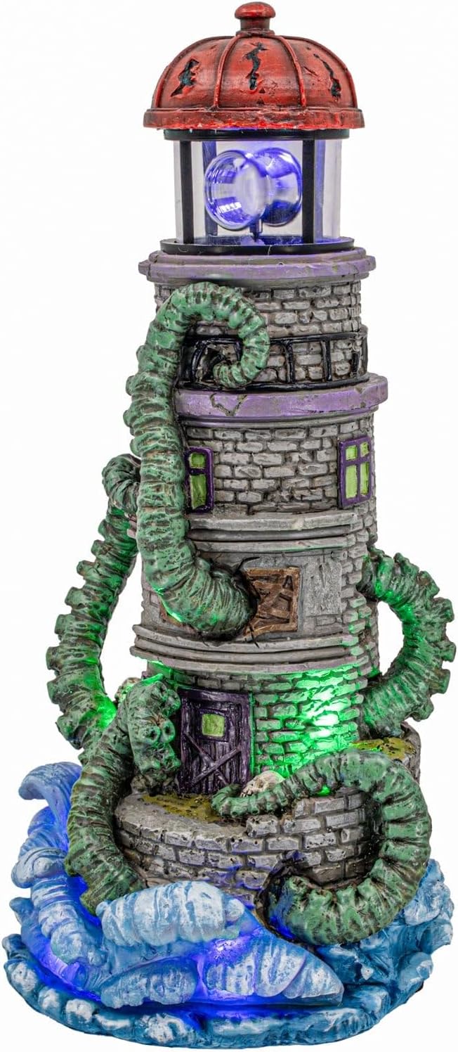 Lighthouse Attack Kraken Theme Spooky Halloween Village Multi-Color LED Lights, Animated Rotating Food Light and Music 6" x 5.5" x 12"-Ruum Studio Home