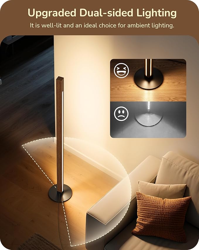 EDISHINE Wood Floor Lamp, Upgraded Dual-Sided Lighting, Minimalist Floor Lamps for Living Room, Corner Floor Lamp with Remote/Foot Control, 7CCT & Dimmable Corner Lamp for Bedroom, Office, Walnut Wood-Ruum Studio Home