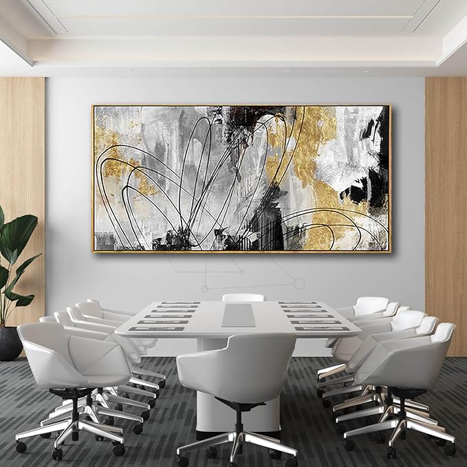 Large Canvas Wall Art Gold Abstract Paintings 29x58 Inch Wooden Framed Artwork Black Line Painting for Bedroom Bathroom Home Decor-Ruum Studio Home
