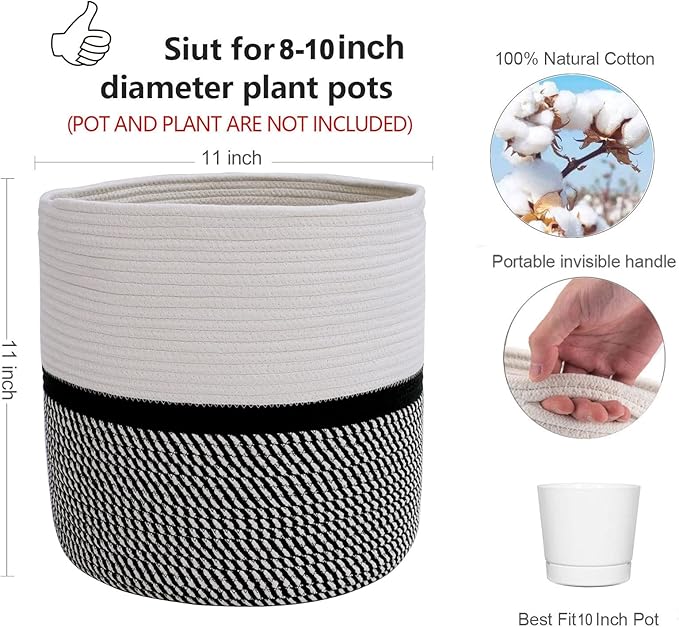 Cotton Rope Plant Basket Modern Woven Basket for 10" Flower Pot Floor Indoor Planters,Storage Organizer Toys Rustic Home Decor,Beige 11"x 11"-Ruum Studio Home