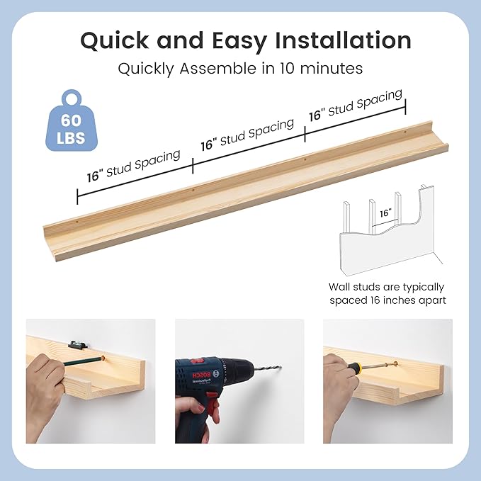 Pine Wood Nursery Book Shelves 3 Pack, Floating Ledge Shelves for Kids' Room, Bedroom, Bathroom, Long Floating Shelves for Wall, Natural-Ruum Studio Home