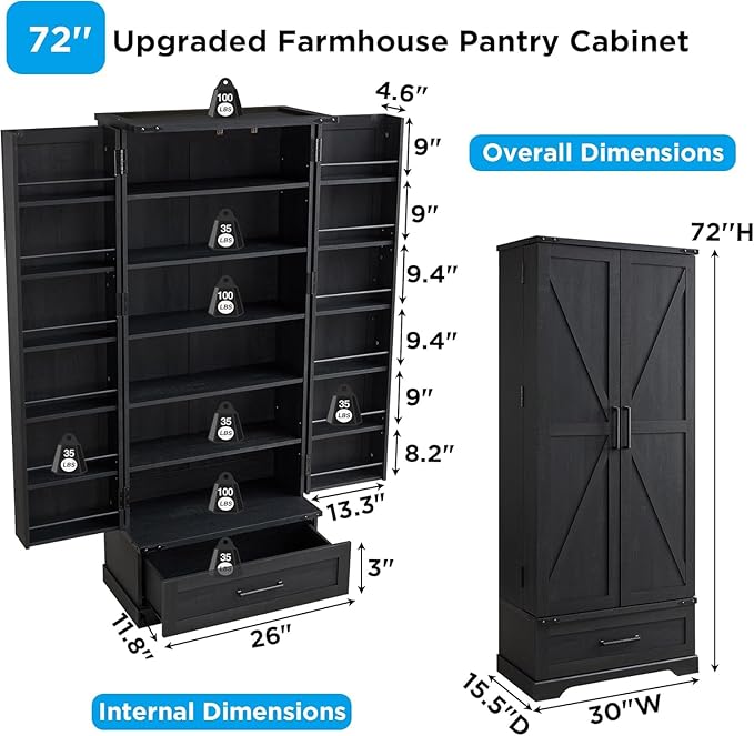 72" Farmhouse Kitchen Pantry Cabinet with Drawer, Tall Storage Cabinet with 2 Barn Doors and Shelves, Versatile Large Rustic Storage for Dining Room, Bathroom, Living Room, Black-Ruum Studio Home