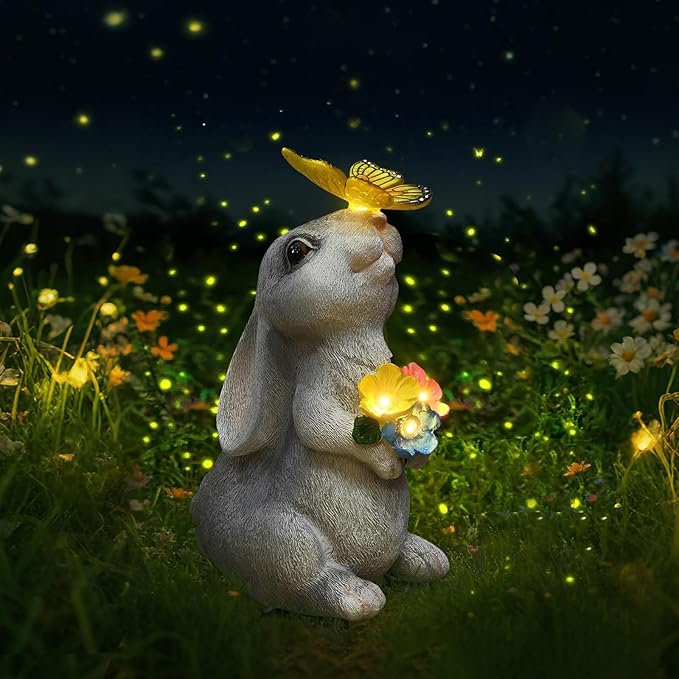 Solar Bunny Statues Light with Butterfly LED - Auto On/Off Weathproof Resin Garden Figurine Decor Gift for Pathway, Patio & Mom's Flower Bed (Warm Light)-Ruum Studio Home