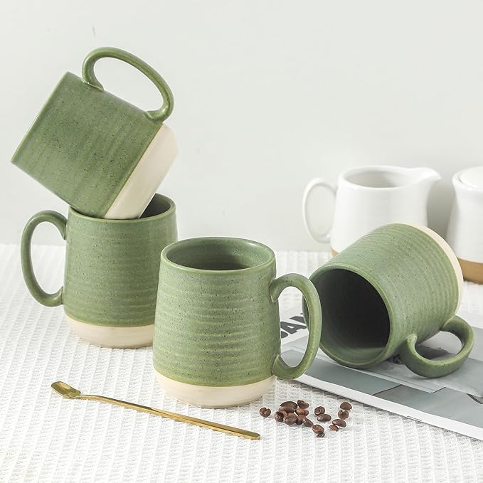 Hasense Porcelain Coffee Mugs Set of 4, 15 Oz Large Coffee Cups, Latte Cup with Handle, Tea Mugs for Men and Women, Modern Coffee Mug for Cappuccino, Milk, Cocoa, Microwave & Dishwasher Safe, Green-Ruum Studio Home