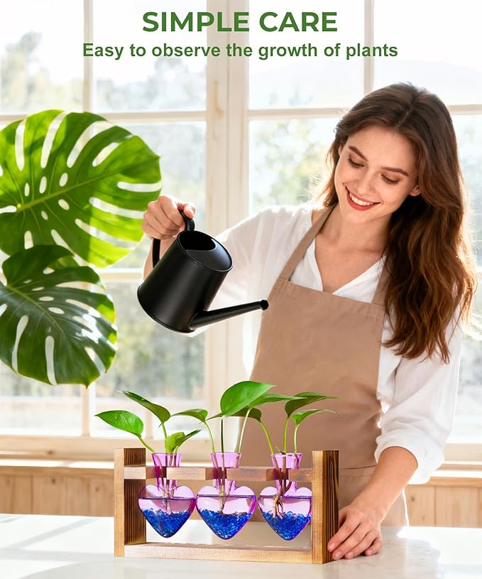 Nacome Plant Terrarium for Office Decor: Birthday Gifts for Plant Lovers Women Mom Wife - Wooden Stand Tabletop Planter 3 Bulb Glass Vase Heart Shaped for Hydroponics Indoor Home(Purple)-Ruum Studio Home