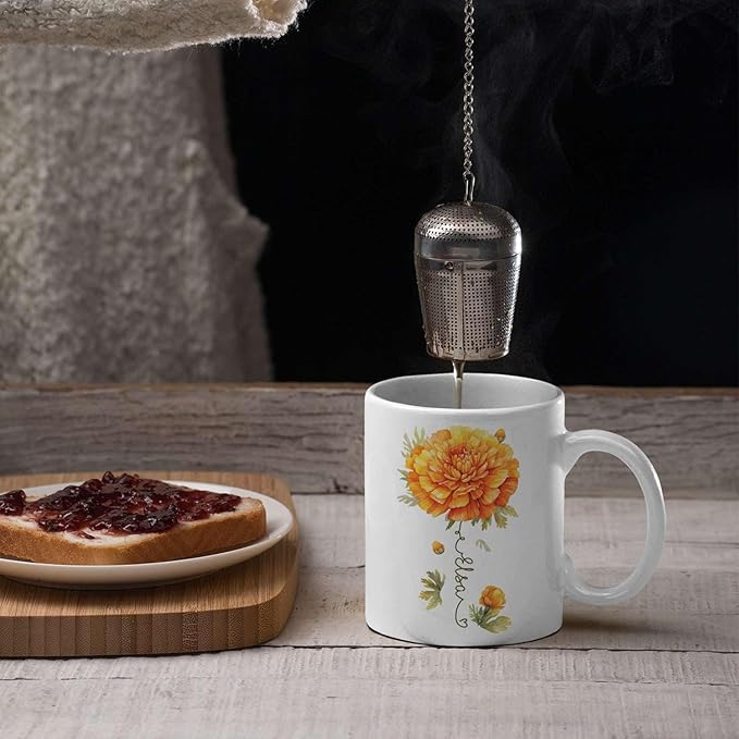 Unique Marigold Themed Ceramic Mug, Personalized Name Flower Accent Cup, Lovely Floral Coffee Mug 11oz 15oz, Custom Ceramic Mug For Flower Lover, Customized Marigold Decorative Cup-Ruum Studio Home