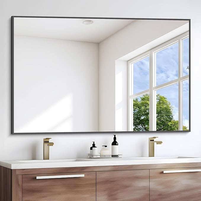 Black Bathroom Mirror for Wall, 55x30 Inch Rectangle Mirrors with Metal Frame, Modern Vanity Wall Mirror Decor for Bathroom Living Room, Entryway Hangs Horizontal or Vertical-Ruum Studio Home