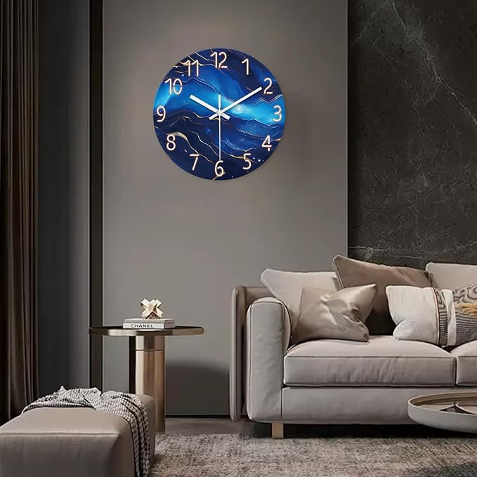 Blue Glass Wall Clocks Battery Operated 20 Inch Marble Large Wall Clocks for Living Room Round Non Ticking Wall Clock Silent-Ruum Studio Home