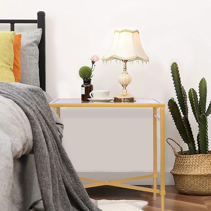 Gold End Table, Rectangle Side Table with Mirrored Top, Modern Metal End Table, Small Narrow Side Table for Living Room, Balcony, 22" L x 12.4" W x 24" D-Ruum Studio Home