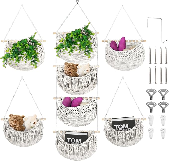 4 Tier Hanging Fruit Basket for Kitchen, 4 Pack Detachable Cotton Crocheted Wall Hanging Baskets Shelf Over Door Organizer for Fruit Veggie Plant, Hanging Storage Basket for Bathroom Bedroom(Beige)-Ruum Studio Home