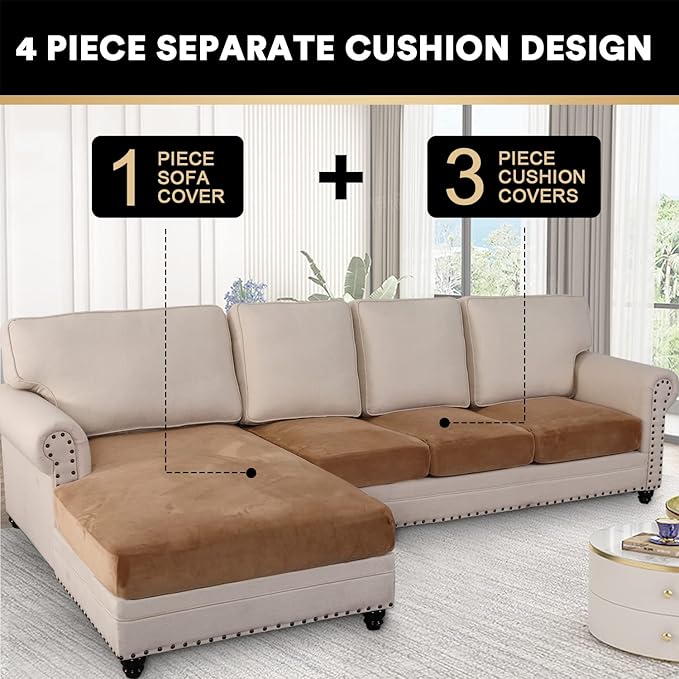 PrinceDeco Sectional Couch Covers 4 Pieces Couch Covers for Sofa Velvet Separate Couch Cover L Shape for Left/Right Chaise(3 Seater + 1 Chaise,Camel)-Ruum Studio Home