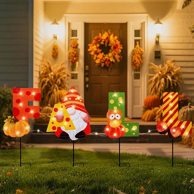 WONDER GARDEN Fall Yard Stakes Yard Signs, 4 Pack Metal Thanksgiving Lighted Garden Stakes, Gnome Sign with LED Lights for Harvest,Outdoor, Lawn,Farmhouse Decorations-Ruum Studio Home
