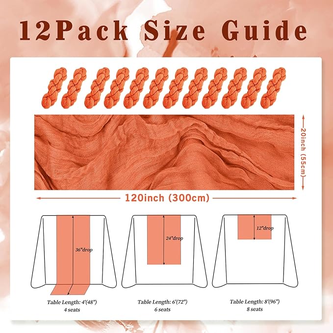 Orange Cheesecloth Table Runner 12 Pack 10FT Boho Fabric Rustic Cheese Cloth Table Runner for Wedding 20 x 120 Inch Long Bridal Shower Baby Shower Gauze Sheer Birthday Party Table Decorations-Ruum Studio Home