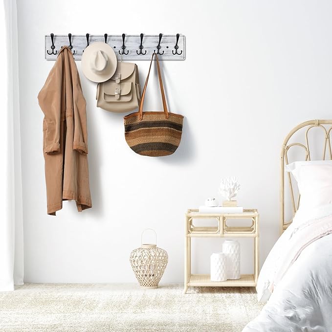 Coat Rack Wall Mount, Wooden Heavy Duty Coat Rack for Wall,8 Triple Coat Hanger Hooks for Hanging Coats,Jacket,Hat,Clothes (Grey White, 8 Hooks)-Ruum Studio Home