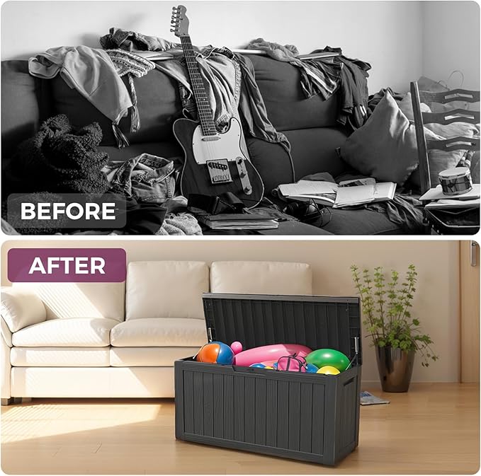 Vixzen 85 Gallon Resin Deck Box, Lockable Outdoor Storage Box for Patio Cushions Storage Furniture,Garden Tools, Pool Supplies, Weatherproof and UV Resistant-Ruum Studio Home