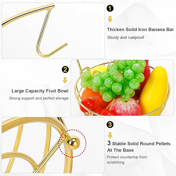 Livabber Countertop Fruit Basket Bowl with Banana Hanger, Modern Standing Fruit Vegetable Bowl Storage, with Banana Tree Holder for Kitchen Dinning Table (Round Metal, Gold)-Ruum Studio Home