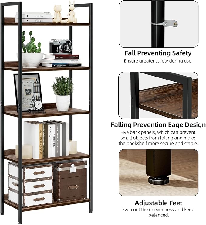 NUMENN Bookshelf, 5 Tier Bookshelves, Home Office Bookcase Shelf Storage Organizer, Free Standing Storage Shelving Unit for Bedroom, Living Room and Home Office, Dark Walnut-Ruum Studio Home