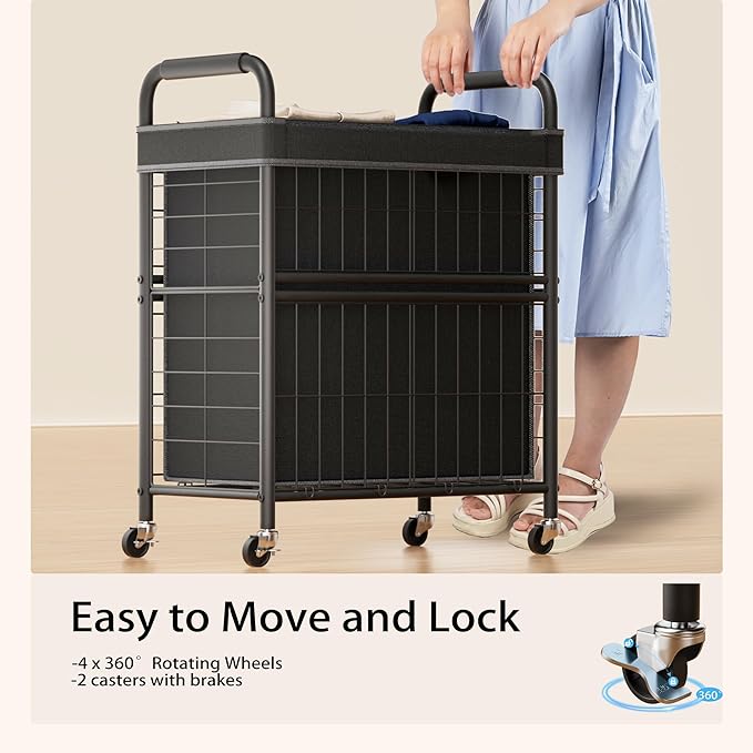 Laundry Hamper 2 Section, 110L Rolling Laundry Sorter Basket with Wheels, 2 Compartment Clothes Organizer Cart, Pull-Out Removable Bags for Laundry Room, Bathroom, Bedroom, Black-Ruum Studio Home