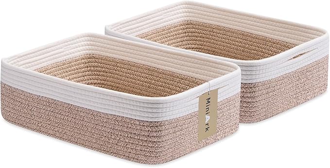 Large Shallow Organizing Baskets 15x11x5.1 Inches - Rope Woven Storage Bins for Bathroom, Shelves, Cube Closet, White Mixed Brown 2 Packs-Ruum Studio Home