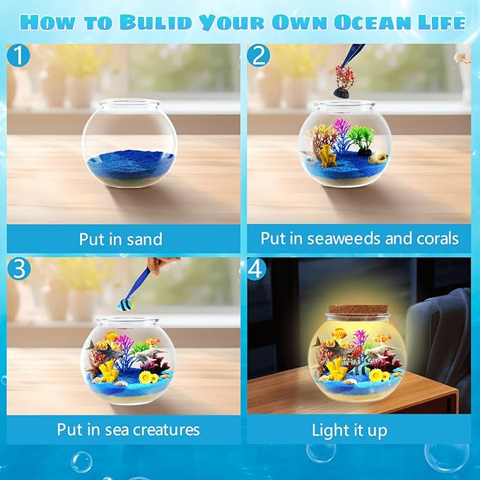 Ocean Light Up Terrarium Kit for Kids - Sea Animal Toys LED Night Light Birthday Gift for Boys & Girls Ages 4 5 6 7 8-12, Kids Arts & Crafts Kit-Ruum Studio Home