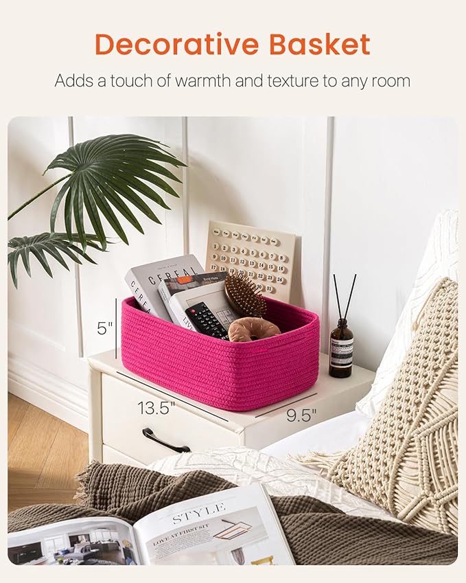KALLAX Small Woven Basket, 13.5 x 9.5 x 5 Inches, Storage Basket for Organizing, Cute Small Rope Shelf Closet Cube Storage Bins Baskets for Shelves, Dog Toy Gift Baskets Empty, 3 Packs, Hot Pink-Ruum Studio Home