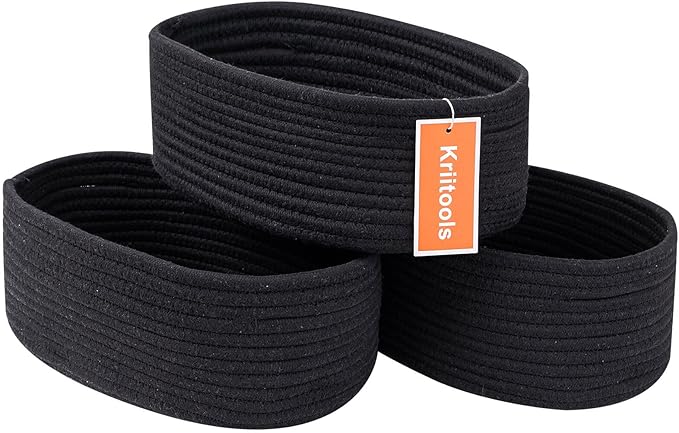 Shelf Storage Baskets for Organizing|Cute Basket for Closet&Blanket Storage|Small Woven Baskets to Store Toys,Books,etc.-13x8.66x5.11’’ Cotton Rope,Stylish,Oval 3 Packs Black-Ruum Studio Home