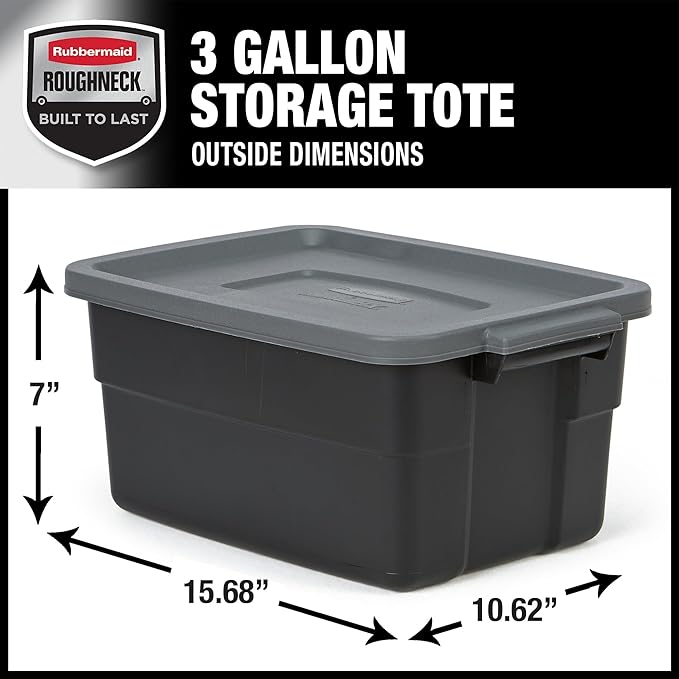 Rubbermaid Roughneck Tote 3 Gal, 6 Pack, Made in USA, Black & Gray, Rugged Plastic Stackable Storage Bins with Lids and Handles-Ruum Studio Home