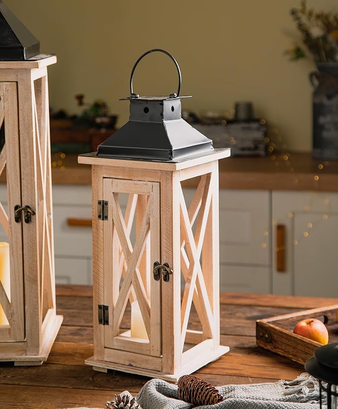 TIMRIS Large Wooden Candle Lanterns Decorative Set of 2, Rustic Farmhouse Whitewash Floor Lanterns, Indoor/Outdoor Hanging Lanterns for Home Decor (No Glass)-Ruum Studio Home