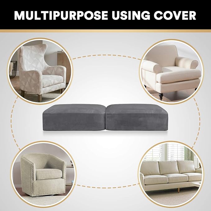PrinceDeco Stretch Velvet Couch Cushion Covers for Individual Cushions Sofa Cushion Cover Seat, Sofa Covers Washable, Couch Seat Cushion Covers for Sectional (2 Pieces, Grey)-Ruum Studio Home