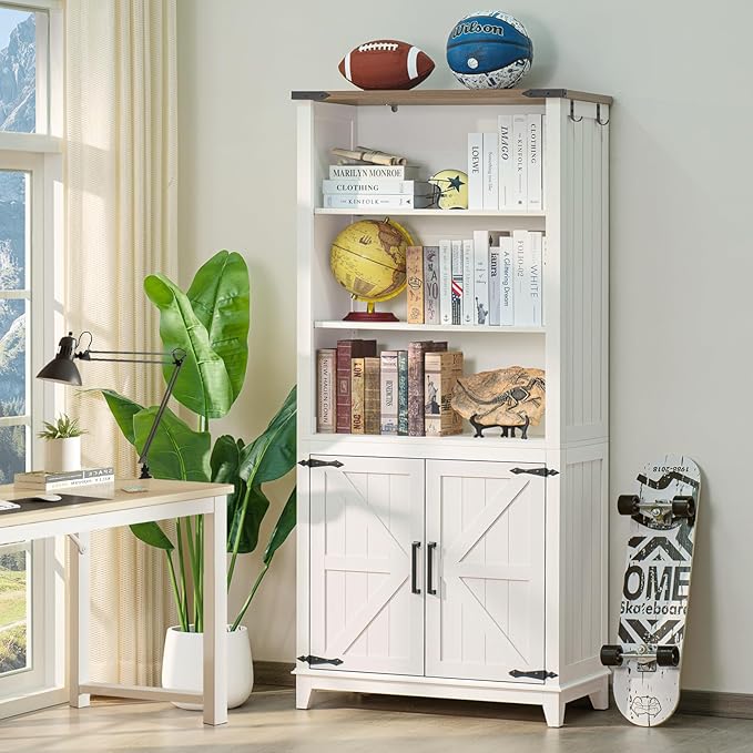 5 Tier Bookshelf 70in Tall Bookcase with Barn Doors and Storage Cabinet, White Farmhouse Book Shelf with Adjustable Shelves, Wood Freestanding Display Bookshelves for Bedroom, Living Room-Ruum Studio Home