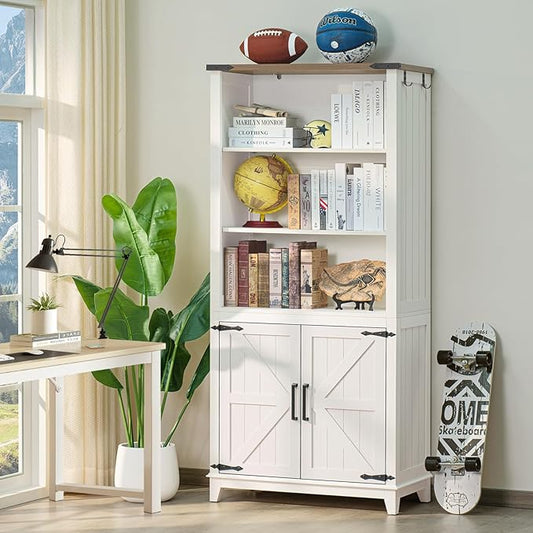 5 Tier Bookshelf 70in Tall Bookcase with Barn Doors and Storage Cabinet, White Farmhouse Book Shelf with Adjustable Shelves, Wood Freestanding Display Bookshelves for Bedroom, Living Room-Ruum Studio Home
