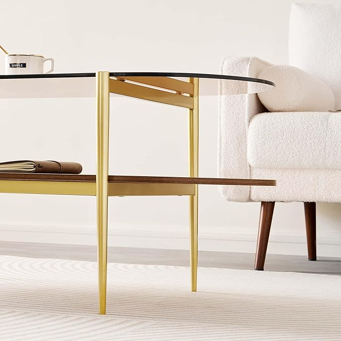 Oval Glass Coffee Table, Mid-Century Modern Design, L41 x W21 x H17 inch, for Living Room, 2-Tier Structure, Amber Glass Top and Walnut Finish Wood Shelf, Conical Legs with Gold Finish Frame-Ruum Studio Home