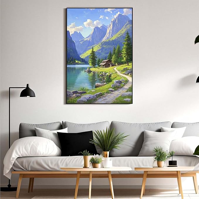 Landscape wall painting of mountain forest lakeside cabin under blue sky and white clouds natural oil painting poster suitable for living room bedroom office-Ruum Studio Home
