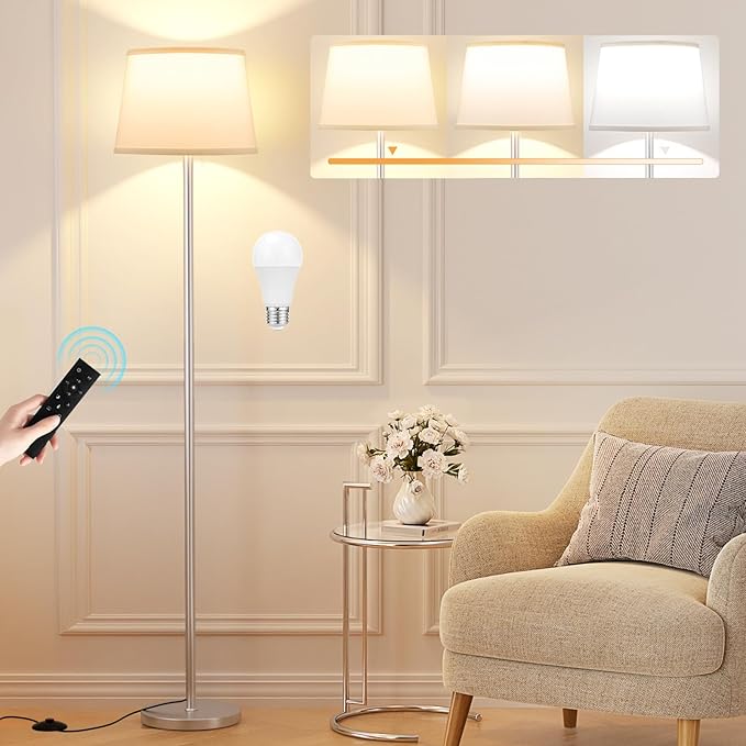 【Upgraded】Floor Lamps for Living Room, Modern Floor Lamp with Remote Control, Dimmable Colors Temperature Standing Lamp Foot Switch, 9W Bulb Tall Lamps for Bedroom Office Kid Room - Silver-Ruum Studio Home