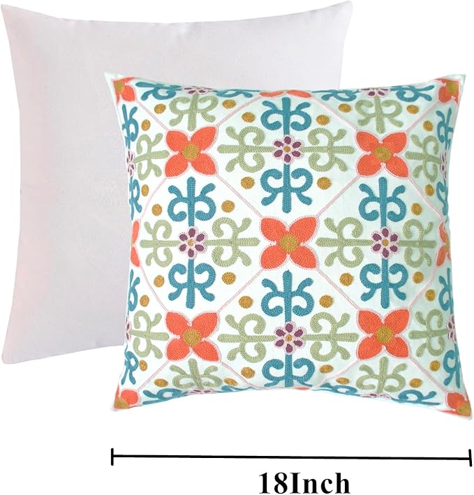 Embroidered Decorative Throw Pillow Cover, 18"x18" Set of 2, Farmhouse Pillowcase Colorful Flower Knit Pattern Cotton Canvas Cushion Case Square Floral Pillow Case for Sofa Couch Bed Living Room-Ruum Studio Home